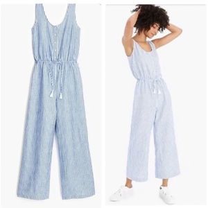J.Crew Sz XS Sofia Stripe Cobalt Sea Button-front Tie-waist Linen Jumpsuit